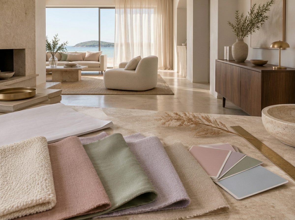 Moodboard de proyecto: telas, paleta de colores y la sala de una casa frente al mar